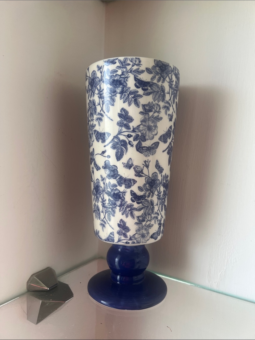 Blue & White Floral Ceramic Pedestal Vase - Decorative Home Accent